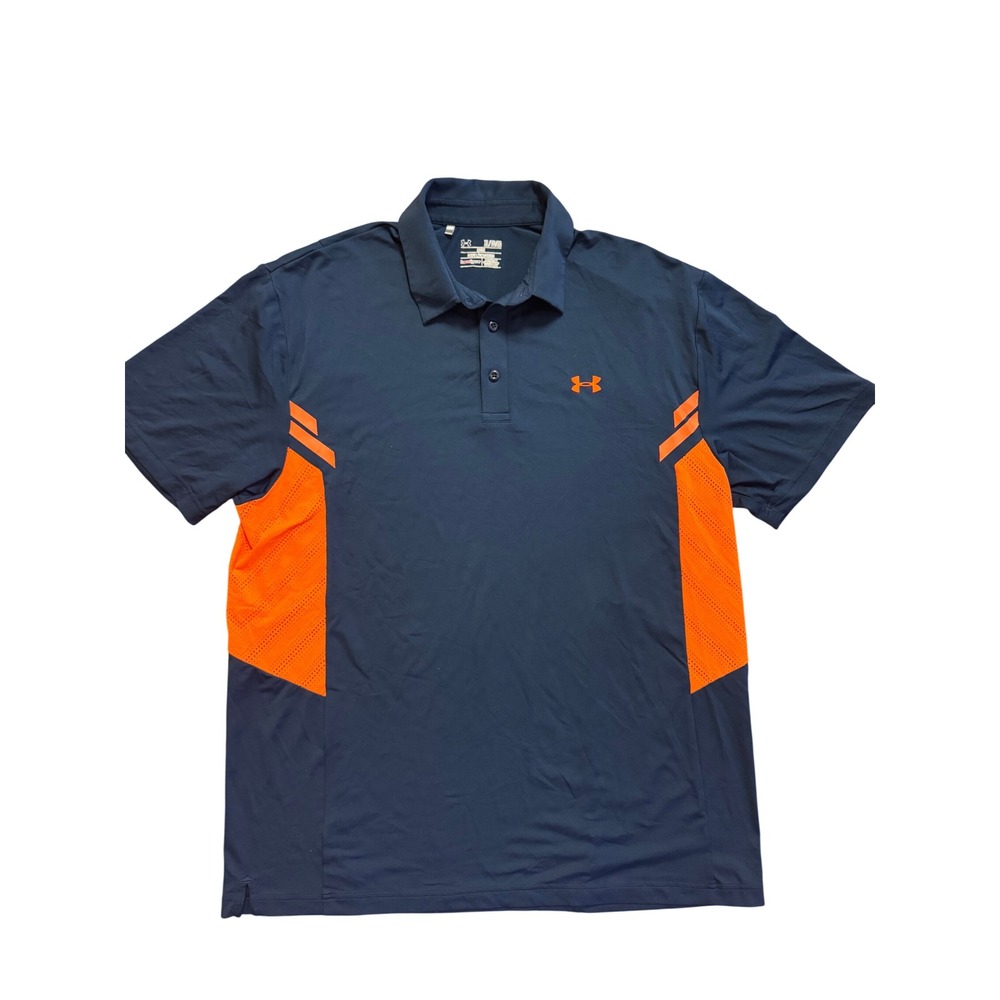 Under Armour Mens HeatGear Polo Shirt‎ XL Loose Fit Navy Blue Orange Colorblock